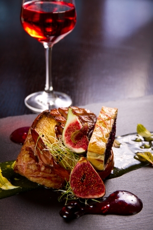 Gourmet duck dish with onion jam and figsの写真素材