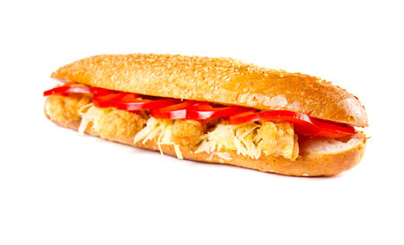 Sandwich with meat and vegetables on whiteの写真素材