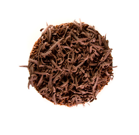 Chocolate cake with decorative chocolate shavings/flakesの写真素材