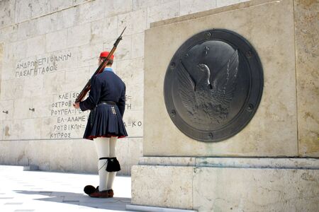 Greek soldier in national  uniform in constitution squareの写真素材