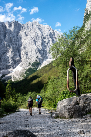 Tourist on a road to Triglav mounain, National Park - Julian Alps, Sloveniaの写真素材