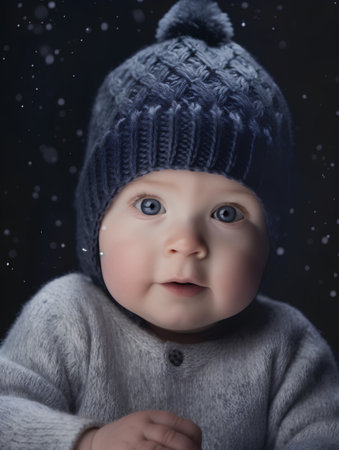 Portrait of a little boy in a winter hat on a dark backgroundの素材