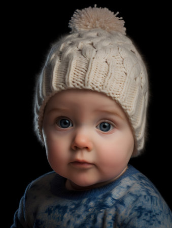Portrait of a cute baby boy in a knitted hat on a black backgroundの素材