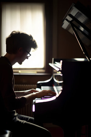 Young man playing grand piano at home. Silhouette of a man in glasses.の素材
