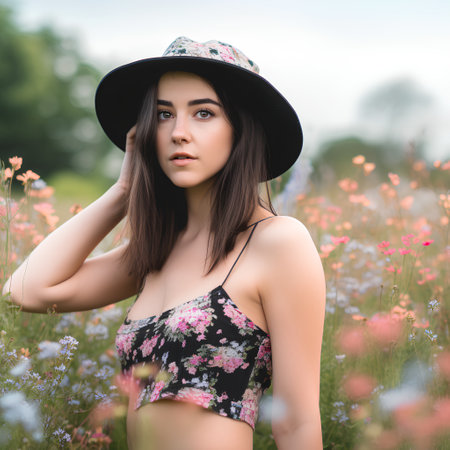 Beautiful brunette girl in hat standing in a field of flowersの素材