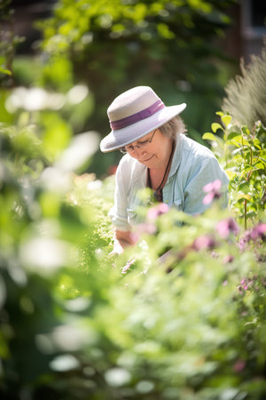 Elderly woman gardening in the garden. Selective focus.の素材
