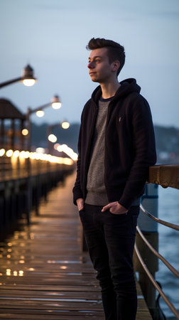 Young handsome man standing on wooden pier at night, looking away.の素材