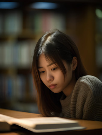 young asian woman reading a book in library, shallow DOFの素材