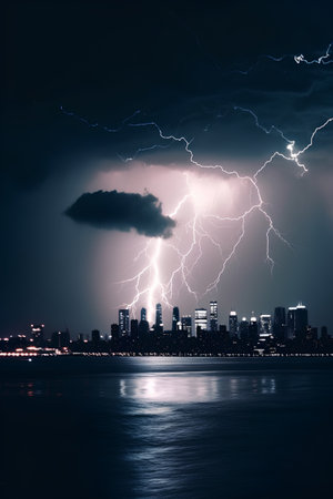 Thunderstorm over the city at night, with a lightning bolt in the skyの素材