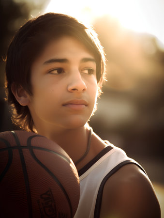 Young man playing basketball in sunset light. Outdoor portrait of young man holding ball.の素材