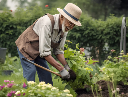 Senior man working in the garden, planting vegetables, gardening concept.の素材