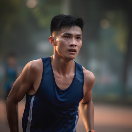 Young Asian runner man running in the park. Healthy lifestyle concept.の素材