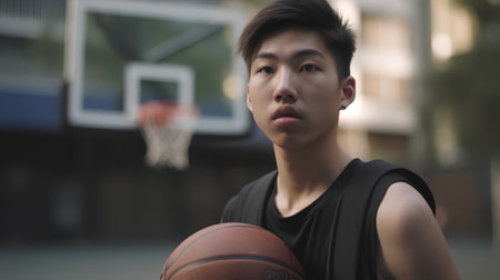 basketball player practicing and posing for basketball and sports athlete concept, asianの素材