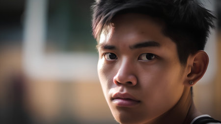 Portrait of a young asian man looking at the camera.の素材