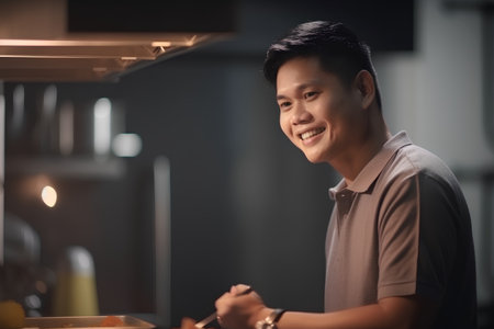 Young man cooking in the kitchen at home, smiling and looking at cameraの素材