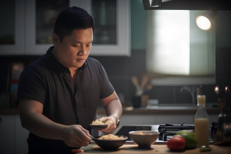 Asian man preparing food in the kitchen at home, he is having breakfastの素材