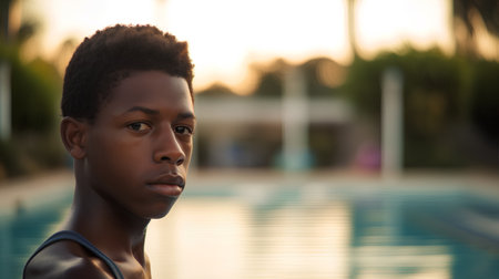 Portrait of a young african american man at swimming poolの素材