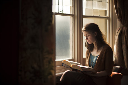 Young woman reading a book by the window at home. Selective focus.の素材