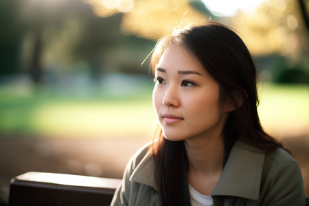 Beautiful young asian woman sitting on a bench in the parkの素材