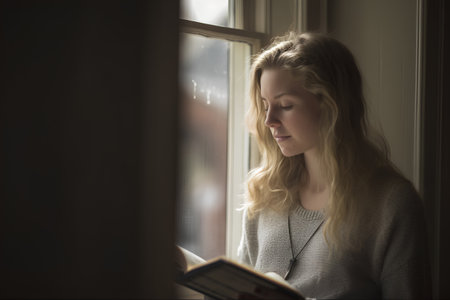 Young woman reading a book by the window. Selective focus.の素材