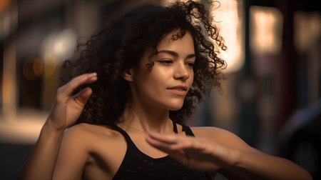 Portrait of a beautiful young woman with curly hair in the cityの素材