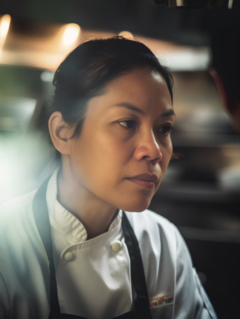 Portrait of a beautiful young Asian female chef in a restaurant.の素材