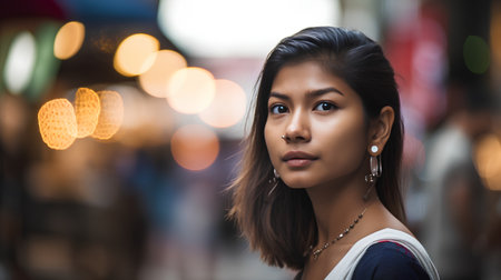 Portrait of a beautiful young asian woman in the city.の素材