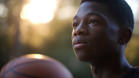 Portrait of young african american man with basketball ball at sunsetの素材