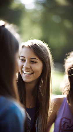 Portrait of happy teenage girl looking at camera with friends in backgroundの素材