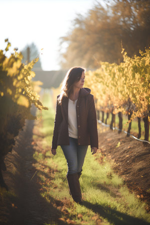 Beautiful young woman walking in the vineyard on a sunny autumn dayの素材