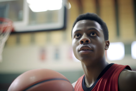 African american young man playing basketball at indoor court, focus on faceの素材