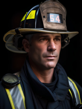 Portrait of a fireman wearing a helmet and looking at the cameraの素材