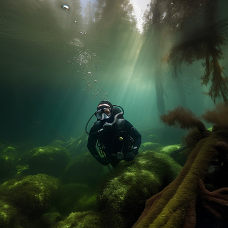 Scuba diver on the bottom of a tropical forest with green algaeの素材