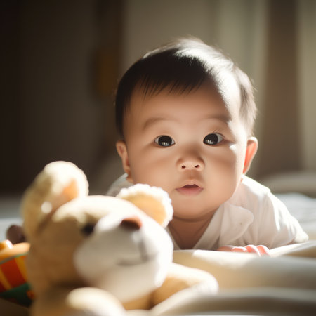 Cute asian baby boy playing with teddy bear on bedの素材