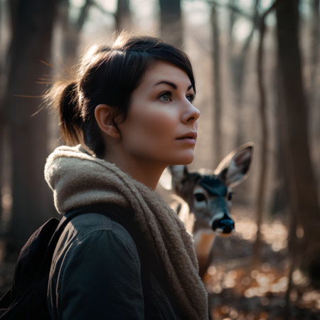 Portrait of a beautiful young woman with a deer in the forestの素材