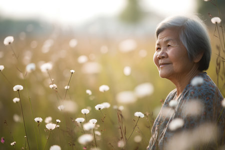 Happy asian senior woman sitting on the grass in the meadowの素材
