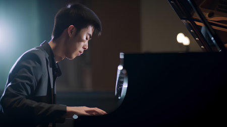 young asian man playing grand piano in dark room with lighting effectの素材