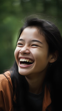Portrait of a beautiful young asian woman laughing in the parkの素材