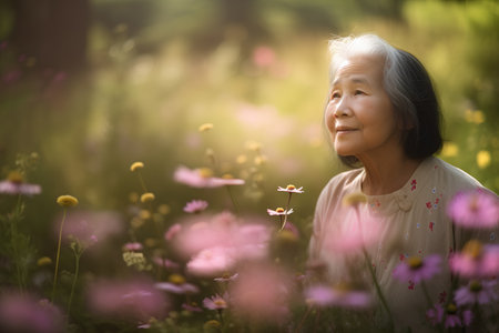Portrait of happy asian senior woman in the flower garden.の素材