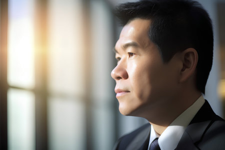 Portrait of a young asian businessman looking out the window.の素材