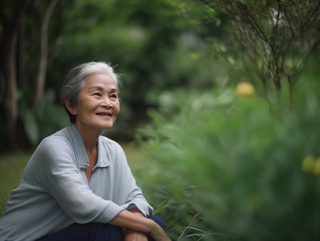 Portrait of happy senior asian woman sitting in the garden.の素材
