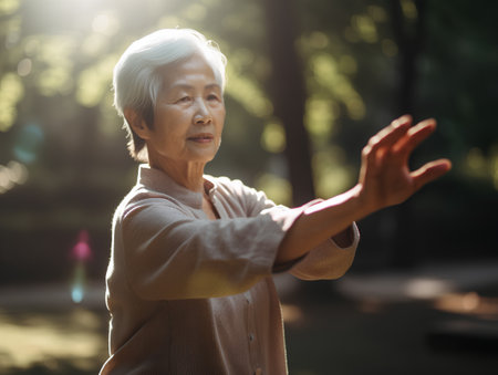 Elderly woman practicing yoga in the park, asian femaleの素材