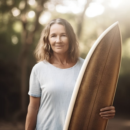Senior woman with surfboard in the park, shallow depth of fieldの素材