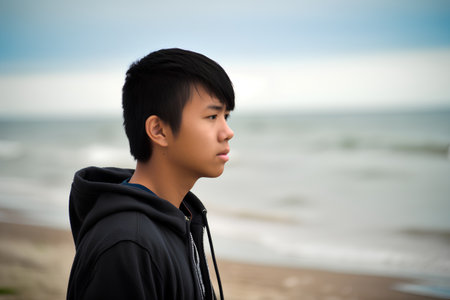 Portrait of a young asian teenage boy standing on the beachの素材