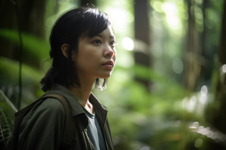 portrait of young asian woman in the forest with bokeh backgroundの素材