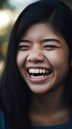 Portrait of a beautiful young asian woman laughing at the cameraの素材