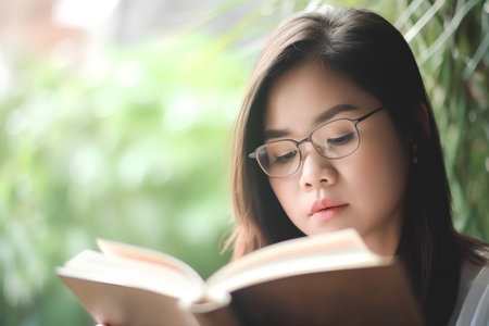 Beautiful asian woman reading a book in the garden with copy spaceの素材
