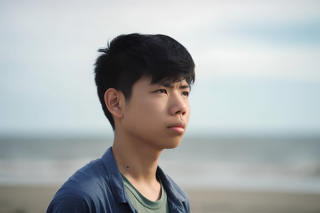 Portrait of a young asian man looking away on the beachの素材