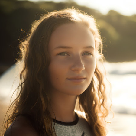 Portrait of a beautiful young woman at sunset on the beach.の素材