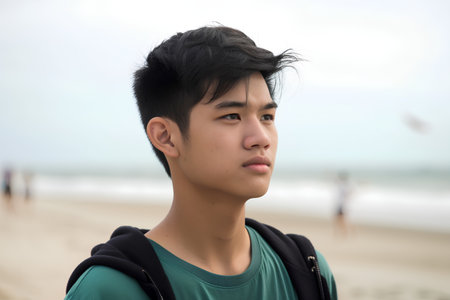 Portrait of a young Asian man standing on the beach and looking awayの素材